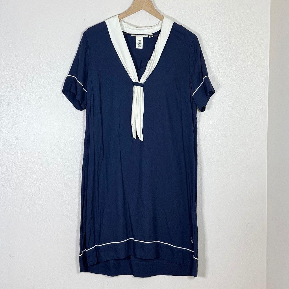 H&M L.O.G.G. Women Nautical Sailor Shift Dress 10 Navy Blue White Maritime Retro